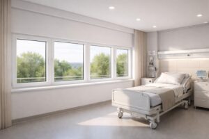 Esquadrias de PVC em ambiente hospitalar com superfícies lisas e alta exigência de higiene