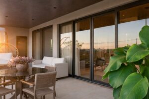 Esquadrias de PVC em residência moderna com grandes aberturas e design sofisticado