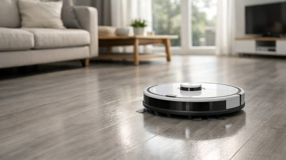 robô aspirador realizando limpeza em piso vinílico em sala de estar