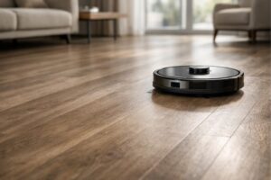 Robô aspirador limpando piso vinílico