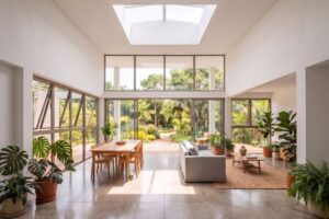 Ambiente interno com design biofílico, plantas naturais e iluminação natural abundante