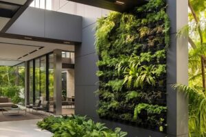 Jardim vertical em residência com estrutura preparada para irrigação e drenagem