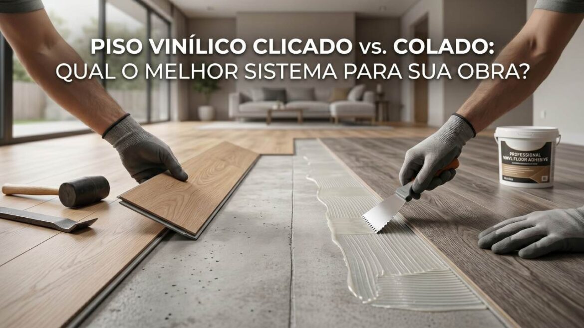 Comparação entre piso vinílico colado e clicado demonstrando diferenças estruturais de instalação.