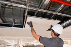 Ambiente comercial com teto técnico em drywall e infraestrutura integrada acima do forro