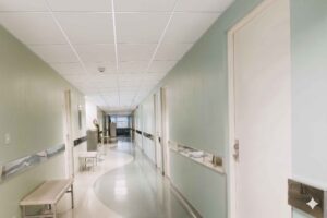 Corredor hospitalar com forro técnico instalado conforme normas de higiene e segurança
