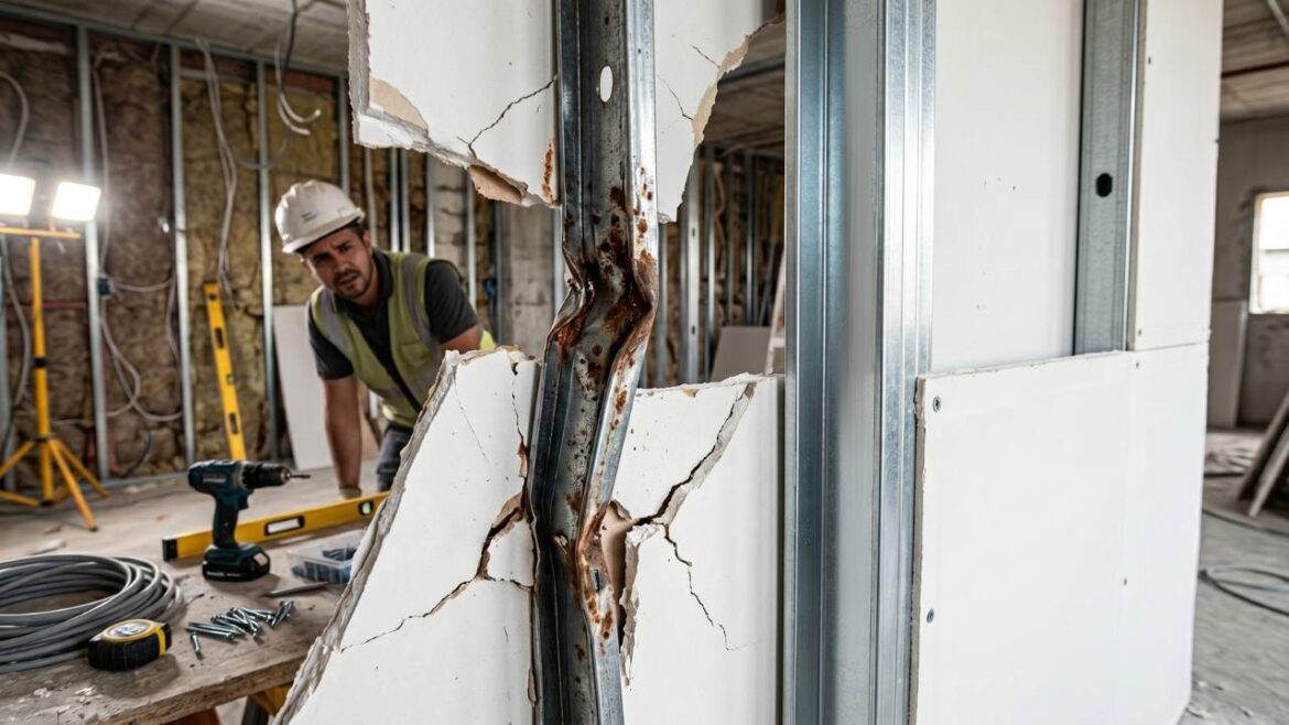 Parede de drywall apresentando fissuras e problemas estruturais causados por materiais inadequados