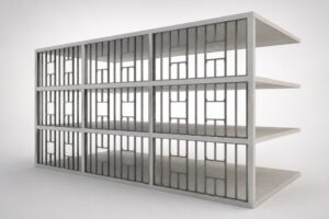 Painéis internos em Light Steel Frame instalados entre vigas e pilares de uma estrutura mista, transmitindo cargas diretamente aos elementos estruturais.