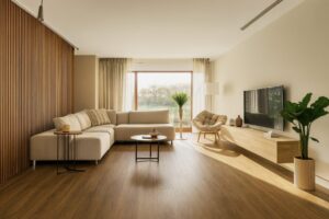 Ambiente elegante com revestimento vinílico e decoração contemporânea