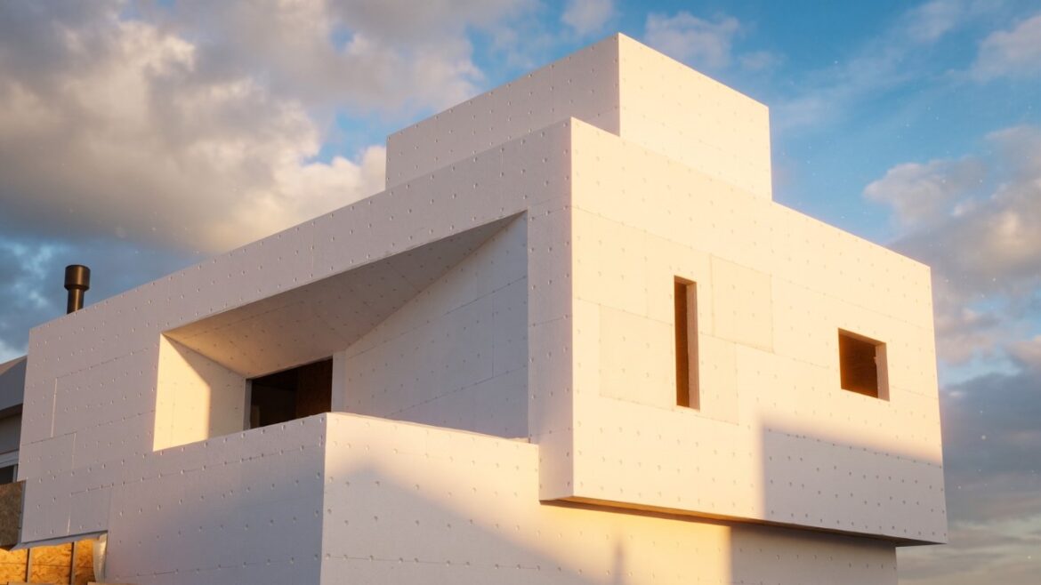 Edificação em Steel Framing durante a execução da fachada com tecnologia EIFS.