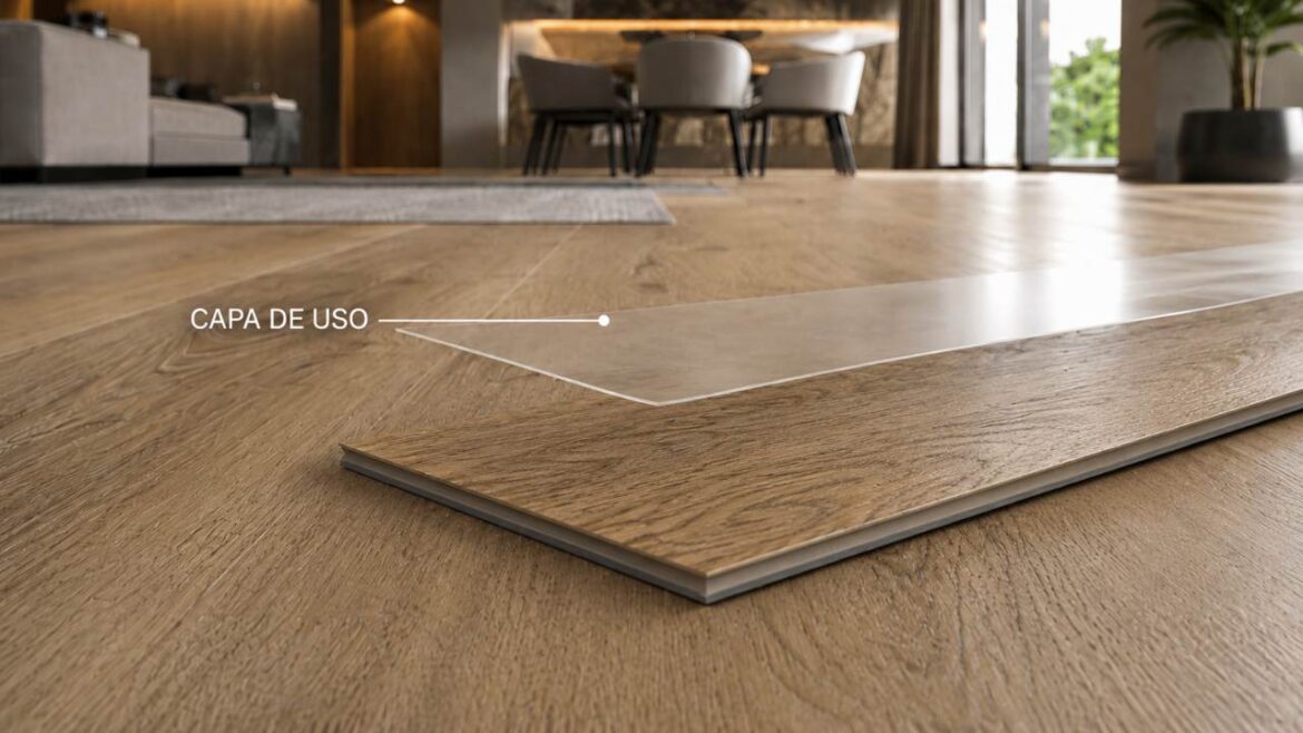 Detalhe da superfície de um piso vinílico com acabamento resistente ao desgaste.