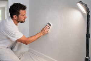 Profissional lixando uma parede de drywall antes da pintura