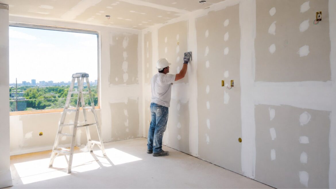 Parede de drywall com acabamento liso em ambiente residencial moderno