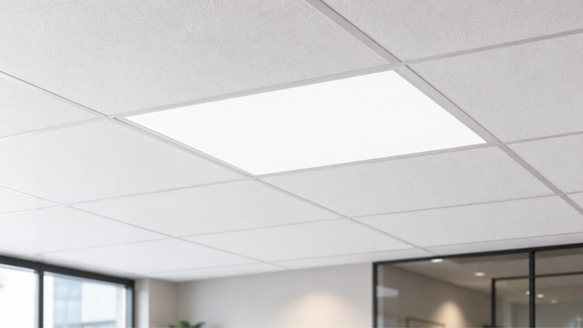 Painel de LED embutido em forro modular de fibra mineral instalado em ambiente comercial.