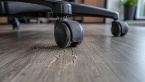 Cadeira de escritório com rodízios sobre piso vinílico em ambiente corporativo.