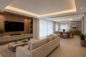 Sanca de drywall proporcional ao ambiente e alinhada aos móveis
