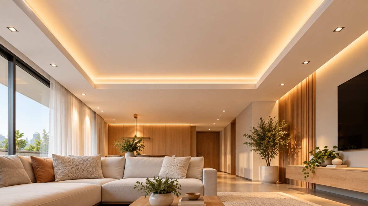 Rebaixamento de drywall criando um novo plano de teto em ambiente interno