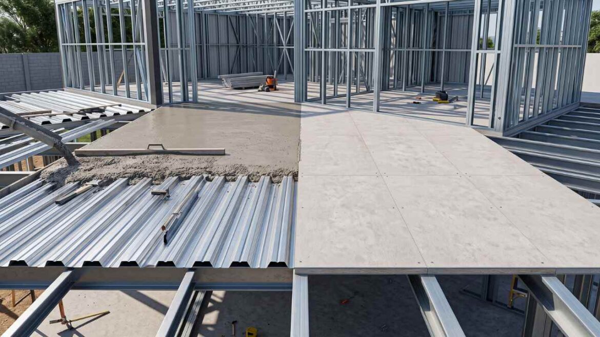 Comparativo visual entre laje Steel Deck com concreto e laje seca com painéis estruturais em obra de estrutura metálica.